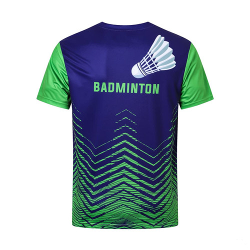 A unisex adults T-shirt in blue and green with a badminton design and a logo on the back.