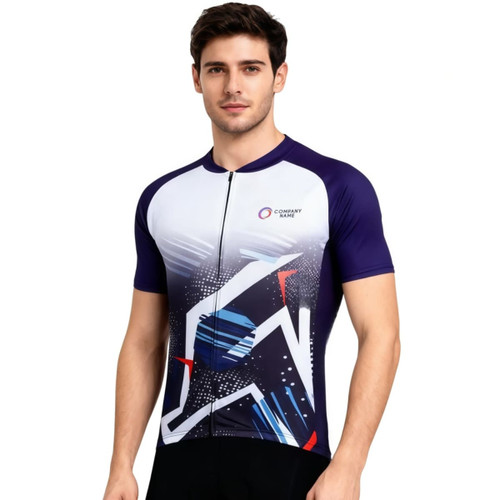 A men's unisex cycling jersey in purple with a vibrant graphic design, featuring short raglan sleeves and a stand collar.