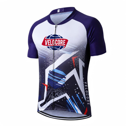 A unisex cycling jersey with a stand collar, short sleeves, featuring a blue and white design, and includes a logo.
