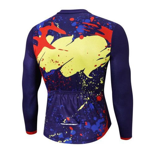 A long sleeve cycling jersey featuring a vibrant abstract design in purple, yellow, and red with a logo.