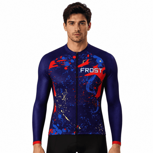 Men's long sleeve cycling jersey in navy blue with vibrant red and blue splatter design, featuring a logo.