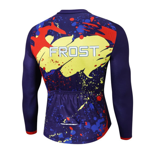 A long sleeve cycling jersey in blue, yellow, and red with a splash design and a logo on the back.