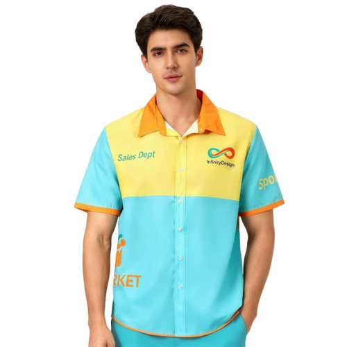 A men's button-up shirt featuring a bright blue and yellow design with an orange collar and logo embellishments.