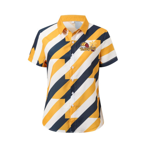 A button-up women's shirt in yellow and navy blue with bold striped patterns and a logo featuring beach elements.