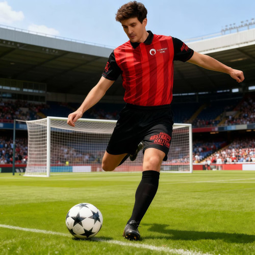 A player in black and red striped sports uniform kicks a soccer ball on a field, with a goal net in the background.