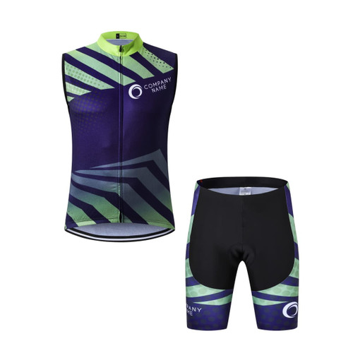 A sleeveless cycling jersey in purple and green, paired with black cycling shorts featuring a logo.