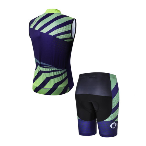 Men's sublimated cycling shorts featuring a design in purple, green, and black with a logo on the back.
