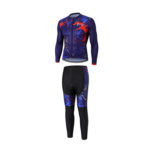 Men's sublimated cycling tights in a vibrant blue design with red accents, featuring a matching long-sleeve top.