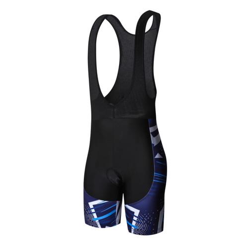 Men's cycling bib shorts in black and blue with a vibrant sublimated design and a logo on the side.