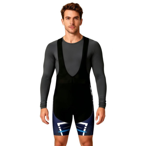 Men's sublimated cycling bib shorts featuring a black upper and blue patterned lower section, with a logo present.