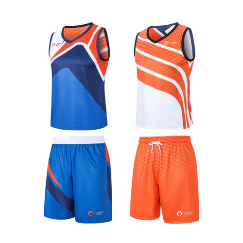 Reversible basketball shorts and matching tank tops in blue, orange, and white with a logo.