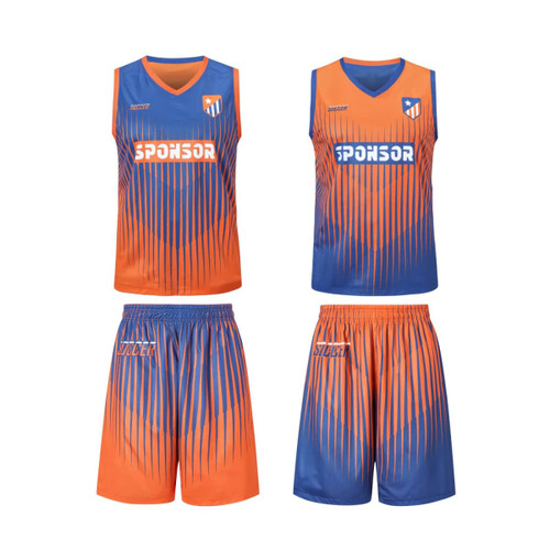 A set of unisex basketball shorts and jersey in orange and blue with a logo and a striped design.