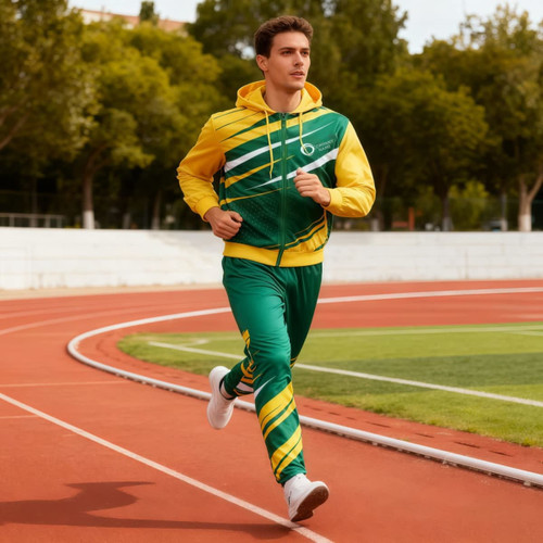 A man runs on a track wearing green and yellow 100% polyester sublimated pants and a matching jacket.