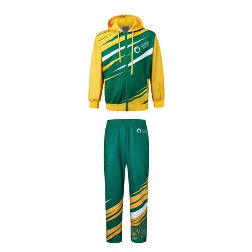 A green and yellow tracksuit featuring a zip-up hoodie and matching pants, with a logo and dynamic design elements.