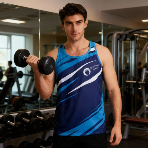 A blue and navy sports singlet with a logo, featured on a model holding a dumbbell in a gym setting.