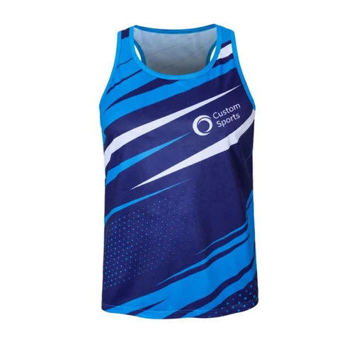 A blue and navy singlet with a dynamic wave pattern and a logo, made from 100% polyester.