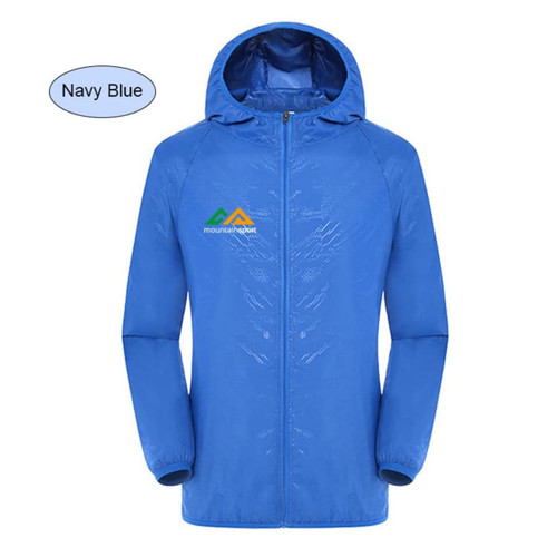 Navy blue unisex adult jacket made of 100% polyester, featuring a hood and a logo.