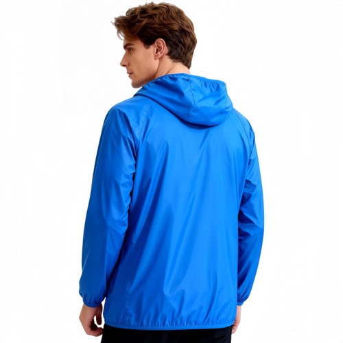 A blue unisex adult jacket made of 100% polyester, featuring a hood and sun protection. Branding present.