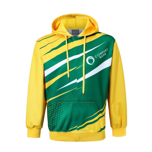 A unisex adults hooded sweatshirt in green and yellow with a pocket and a logo. Features a vibrant sublimated design.