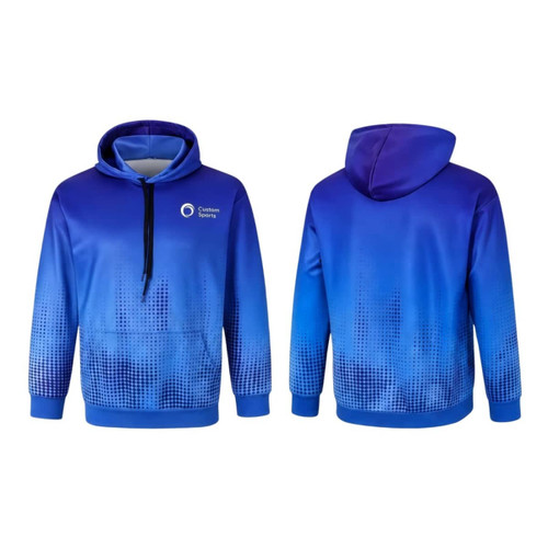 A blue polyester spandex hoodie featuring a gradient design and a pocket, with a logo on the front.
