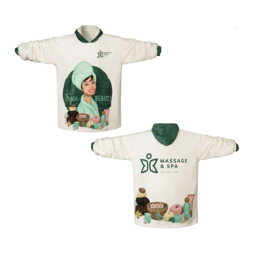 A wearable blanket featuring a spa-themed design in white and green, with a logo and illustrated character.