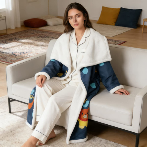 A blanket featuring a blue and white design with colourful patterns, displayed on a couch with a model wearing pyjamas.