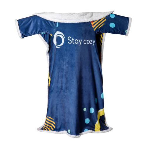 A blue and patterned wearable blanket with a soft, white lining and a logo is displayed.