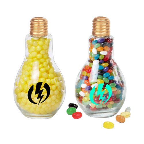 A drink bottle shaped like a bulb, featuring colourful jelly beans and a logo on the front.