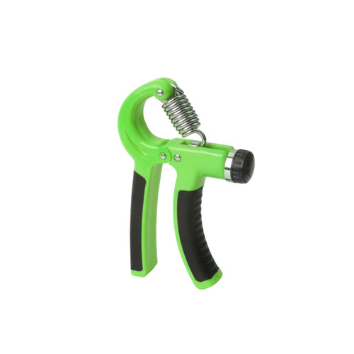 A green adjustable hand grip with a black rubber handle and a metal spring. It features a rotating adjustment knob.