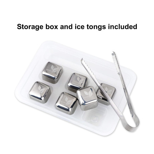 A storage box containing six stainless steel ice cubes and metal tongs. The cubes are shiny and square-shaped.