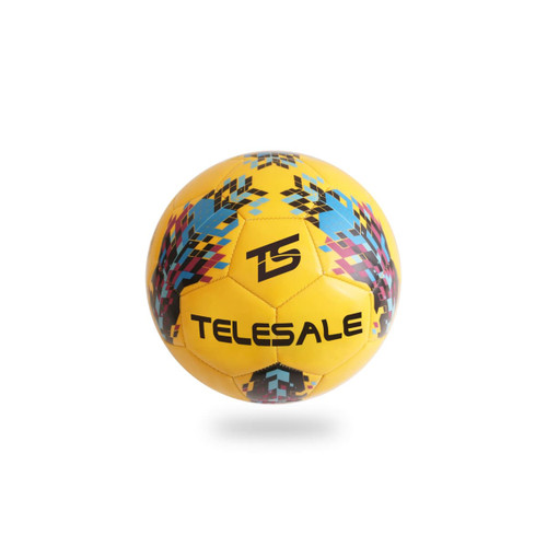 A vibrant yellow soccer ball with a colourful geometric design and a logo. Suitable for training and outdoor activities.