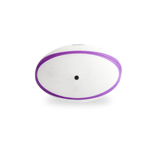 A rugby ball in white with purple accents and a logo. The ball has a classic oval shape.