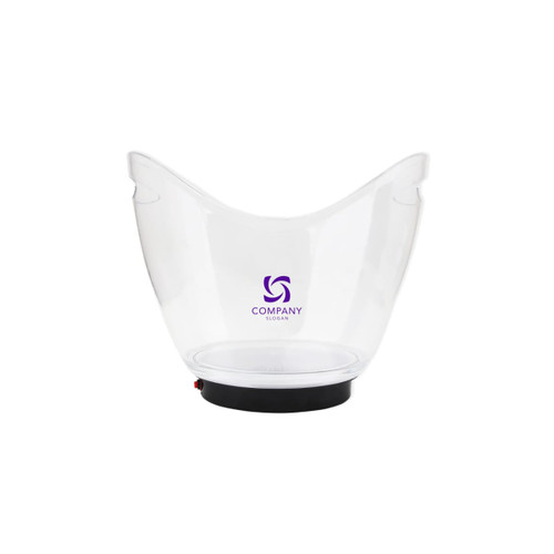 A clear acrylic ice bucket with a black base and a logo in the centre. It features a sleek, modern design.