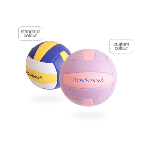 A volleyball in standard blue, yellow, and white colours alongside a custom purple and pink volleyball, both featuring a logo.