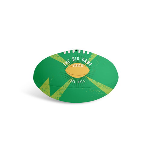 A green promotional AFL ball featuring a design with a logo and graphic elements.