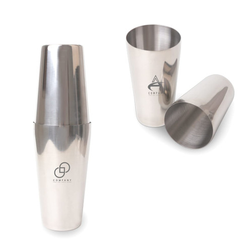 A stainless steel cocktail shaker set featuring a 550ml and a 750ml shaker, with a polished finish and branding.