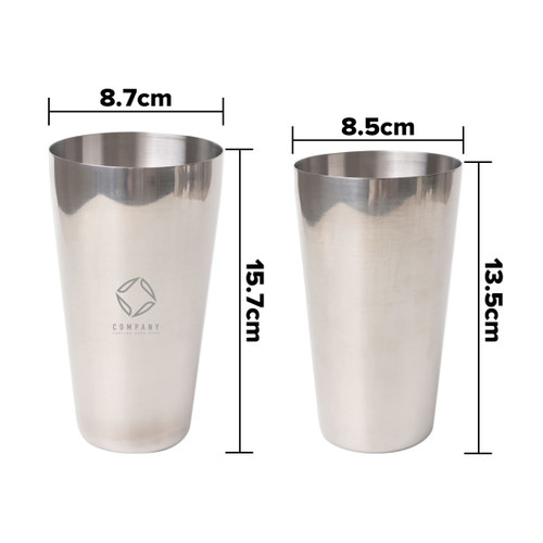 A stainless steel cocktail shaker set, featuring two sizes: 550ml and 750ml, with a polished finish and a logo.