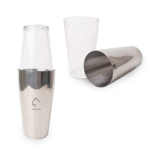 A cocktail shaker set featuring a stainless steel base, clear glass top, and a separate glass, branded with a logo.