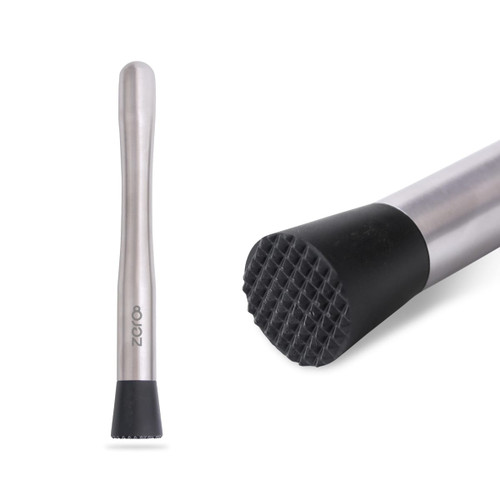A long stainless steel cocktail muddler with a textured black rubber head and a sleek silver body, featuring a logo.