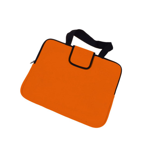 An orange laptop bag with a black zipper and handle, featuring a simple design.