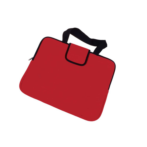 A red deluxe laptop bag featuring a black zipper and handle, with a sleek and simple design.