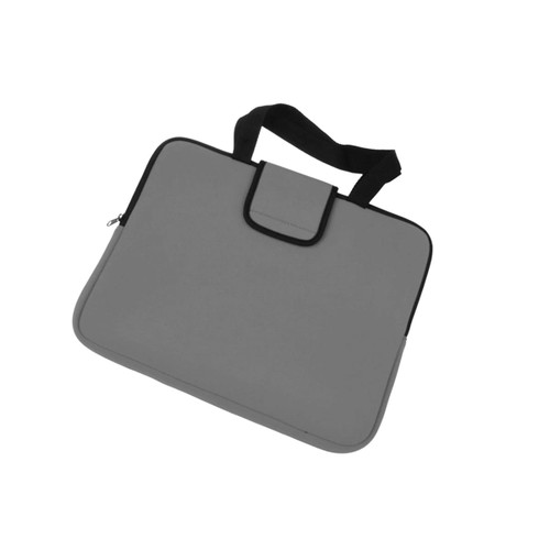 A grey laptop bag with a black strap and a flap closure, featuring a logo. It has a sleek, minimalist design.