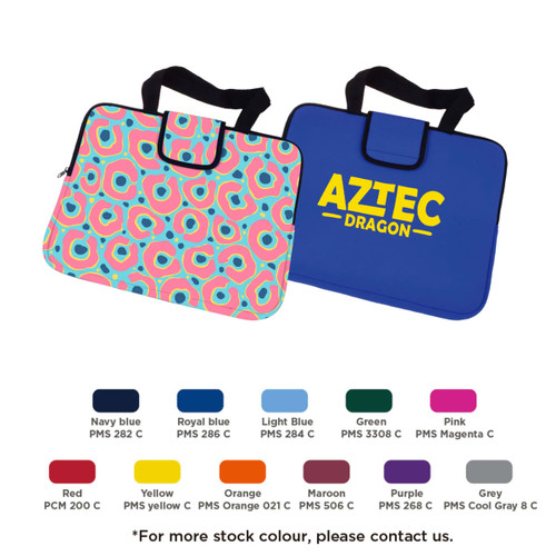 A blue laptop bag with a handle, featuring a colourful, patterned design on one side and a logo on the other.