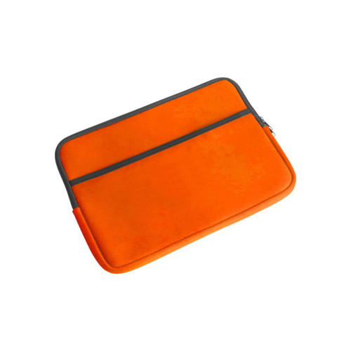 An orange laptop bag with a grey trim, featuring two zippered compartments.