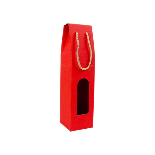 A red wine box with a rope handle and a clear window, designed for single bottle packaging.