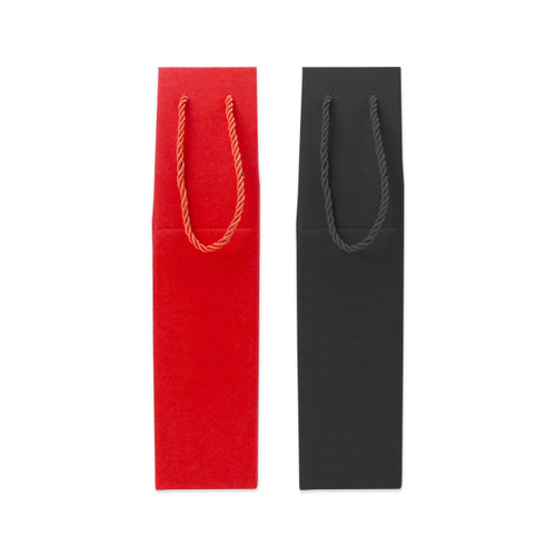 A single bottle wine box with a rope handle, available in red and black colours. Includes a branding logo.
