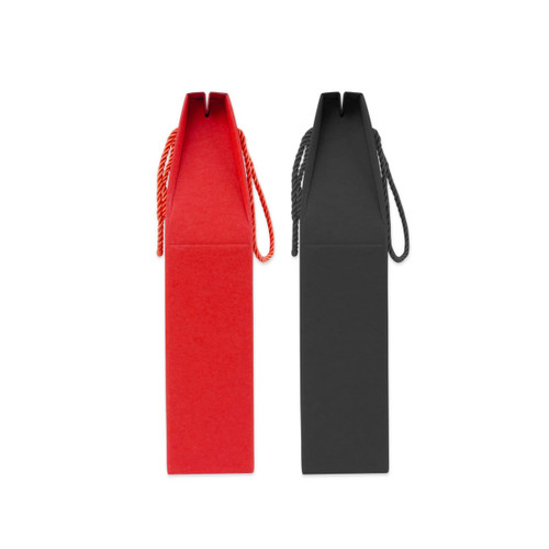 A wine box in red and black with a rope handle, featuring a logo on one side.