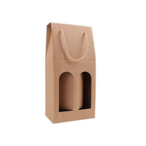 A drink bottle carrier in brown kraft paper with a rope handle and cut-out windows for two bottles.
