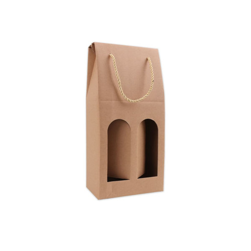 A drink bottle box made of brown cardboard with a rope handle and two cut-out windows for bottles.