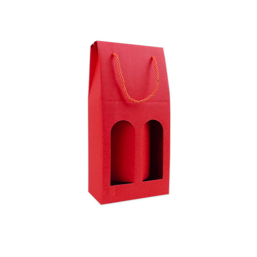 A double bottle wine box with a rope handle, featuring a bright red colour and cut-out window design.